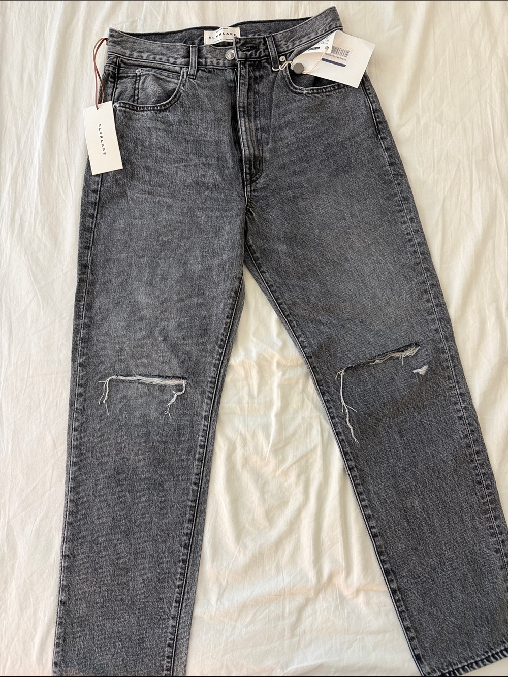 Straight Washed Black Jeans with Knee Rips